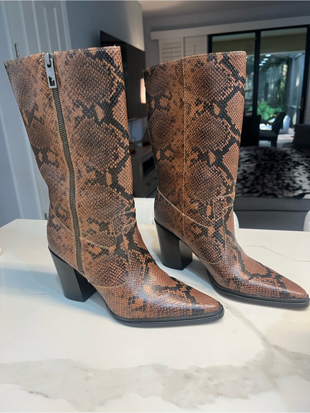 Snake-Print Mid-Calf Western Block Heel Boots - Brown - Picture 5 of 5